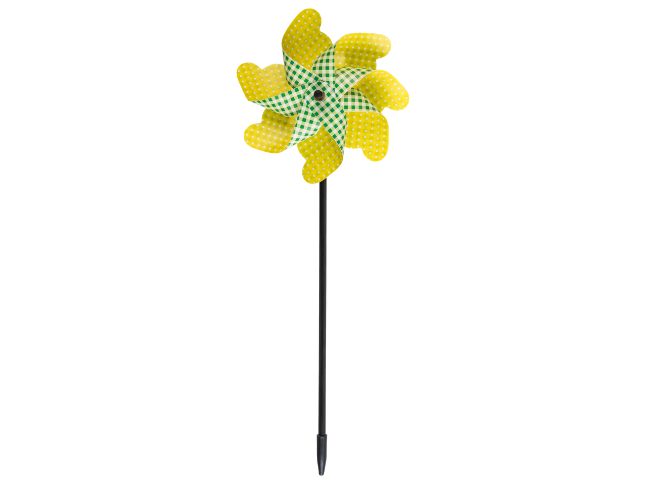 Livarno Wind Spinner, yellow with white polka dots and green gingham pattern