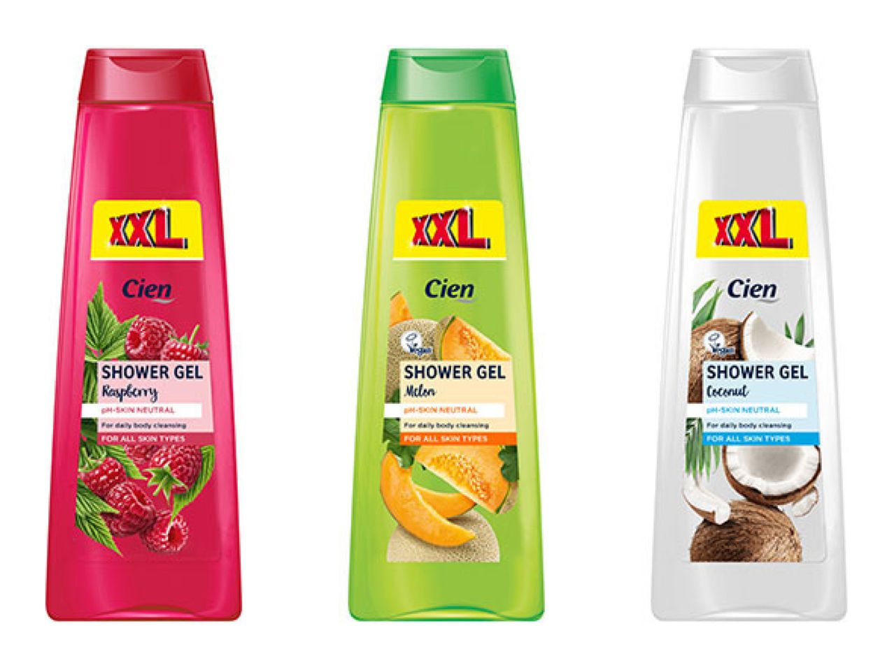 Cien XXL shower gels in raspberry, melon, and coconut scents.