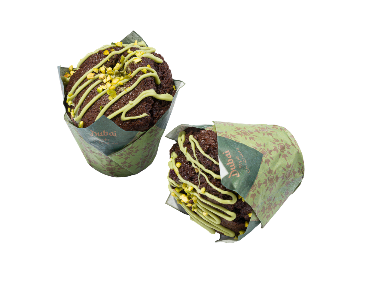 Två Dubai chokladmuffins med pistageglasyr.