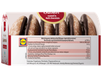 Favorina meduoliai, padengti juoduoju šokoladu, su maistine informacija.