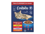 Boîte de nourriture pour chat avec un chat tigré, des bouchées en sauce et des informations nutritionnelles.