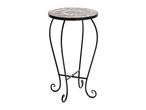 Round mosaic plant stand with a black wrought iron frame and curved legs