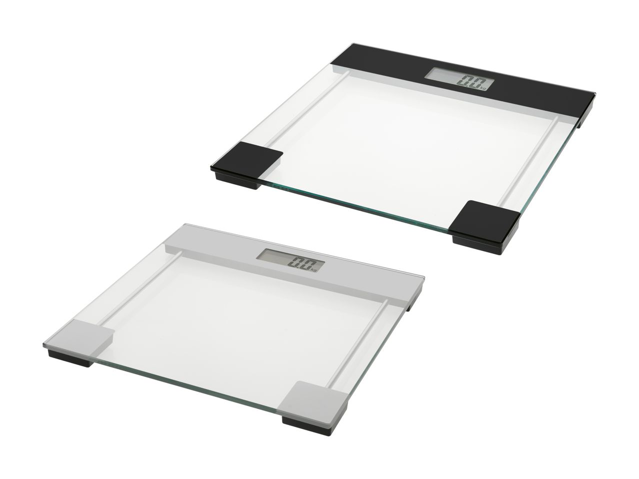 Zwei digitale Glaswaagen, eine schwarze und eine graue, auf weißem Hintergrund.