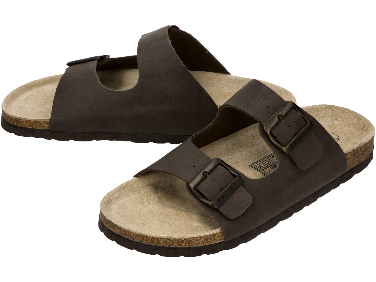 Pair of dark brown sandals with two adjustable straps and cork soles.