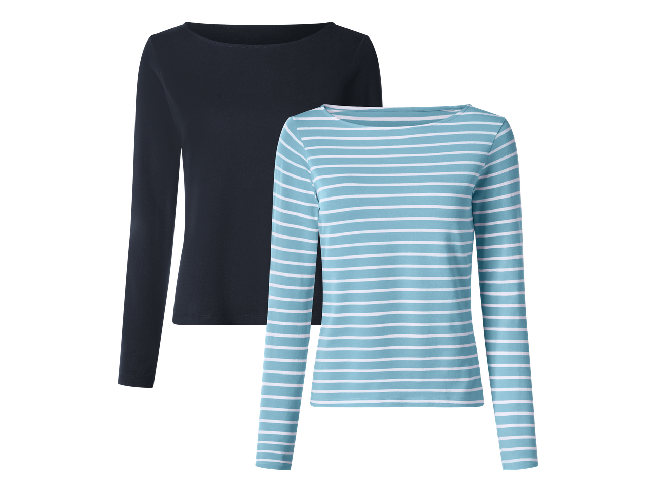 Dve ženski majici z dolgimi rokavi: ena temno modra in ena svetlo modra z belimi črtami.