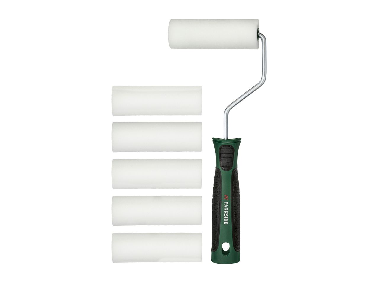 Paint roller with a green and black handle, accompanied by five additional white foam roller sleeves.