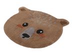 Brown bear-shaped bath mat with embroidered facial features and gray spots