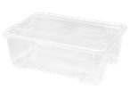 W5 Storage Box with Lid, clear plastic, rectangular, for organization and storage.