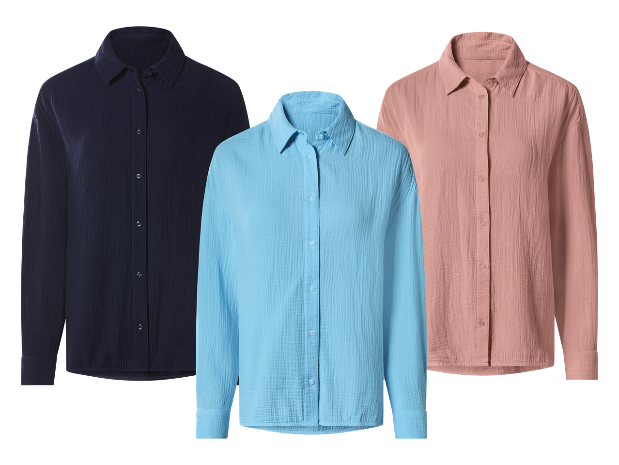 Tri košulje dugih rukava u tamnoplavoj, svijetloplavoj i ružičastoj boji.