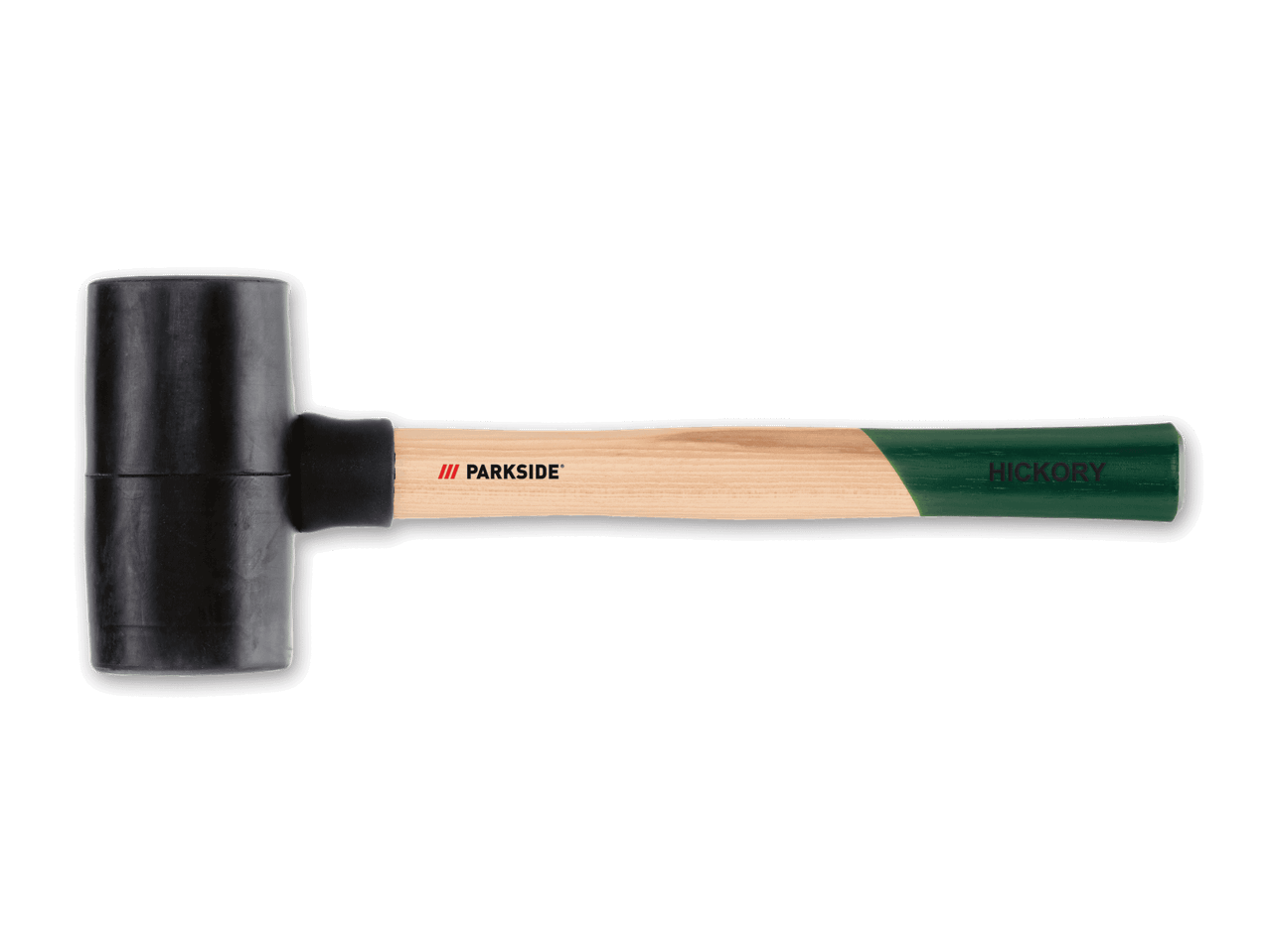 Ein schwarzer Gummihammer mit einem Holzstiel, der teilweise grün lackiert ist und die Aufschrift „HICKORY“ trägt.