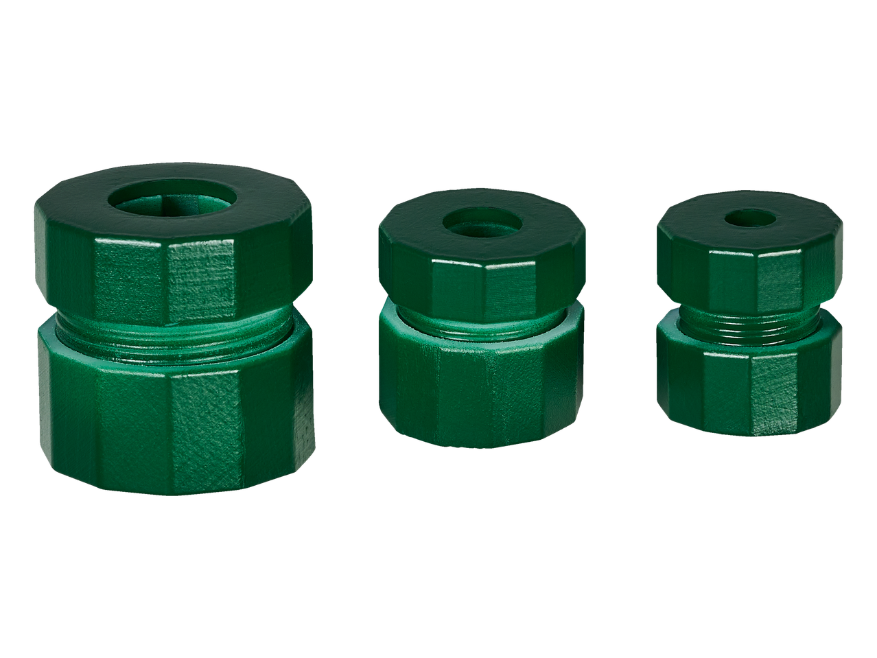 Three green hexagonal nuts of varying sizes, part of a DIY assortment.