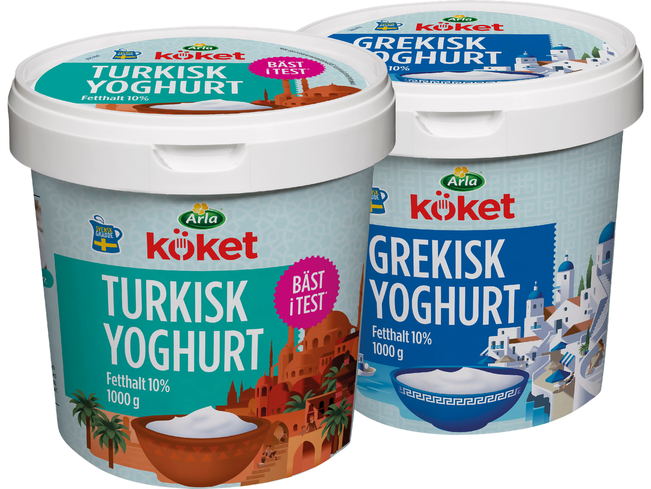 Två Arla Köket yoghurtburkar, en grekisk och en turkisk, med 10% fetthalt.