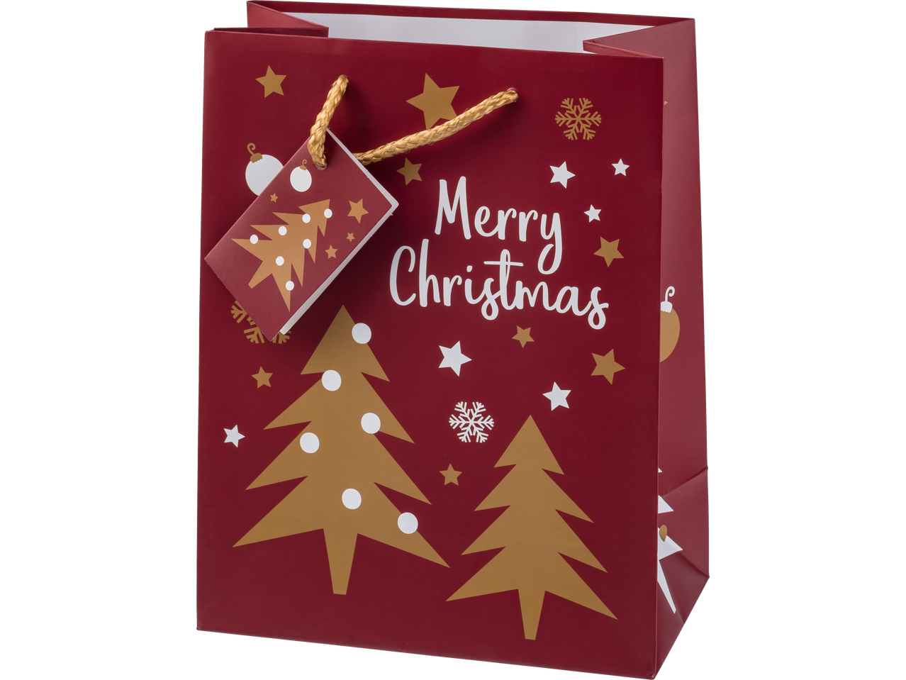 Raudonas Crelando® dovanų maišelis su užrašu „Merry Christmas“ ir auksinėmis eglutėmis.