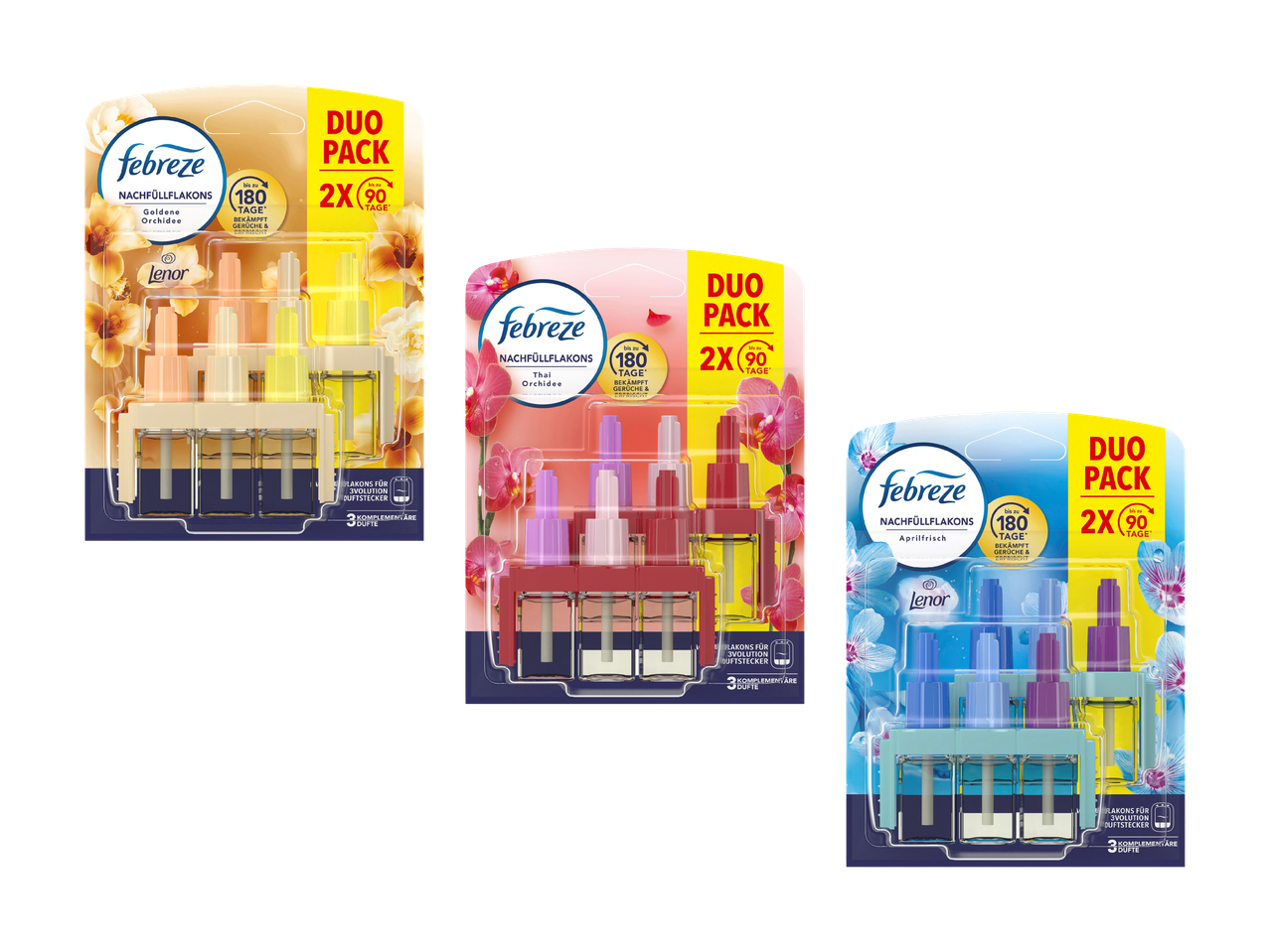 Drei Febreze Nachfüllpackungen für Duftstecker in den Düften Goldene Orchidee, Thai Orchidee und Aprilfrisch.