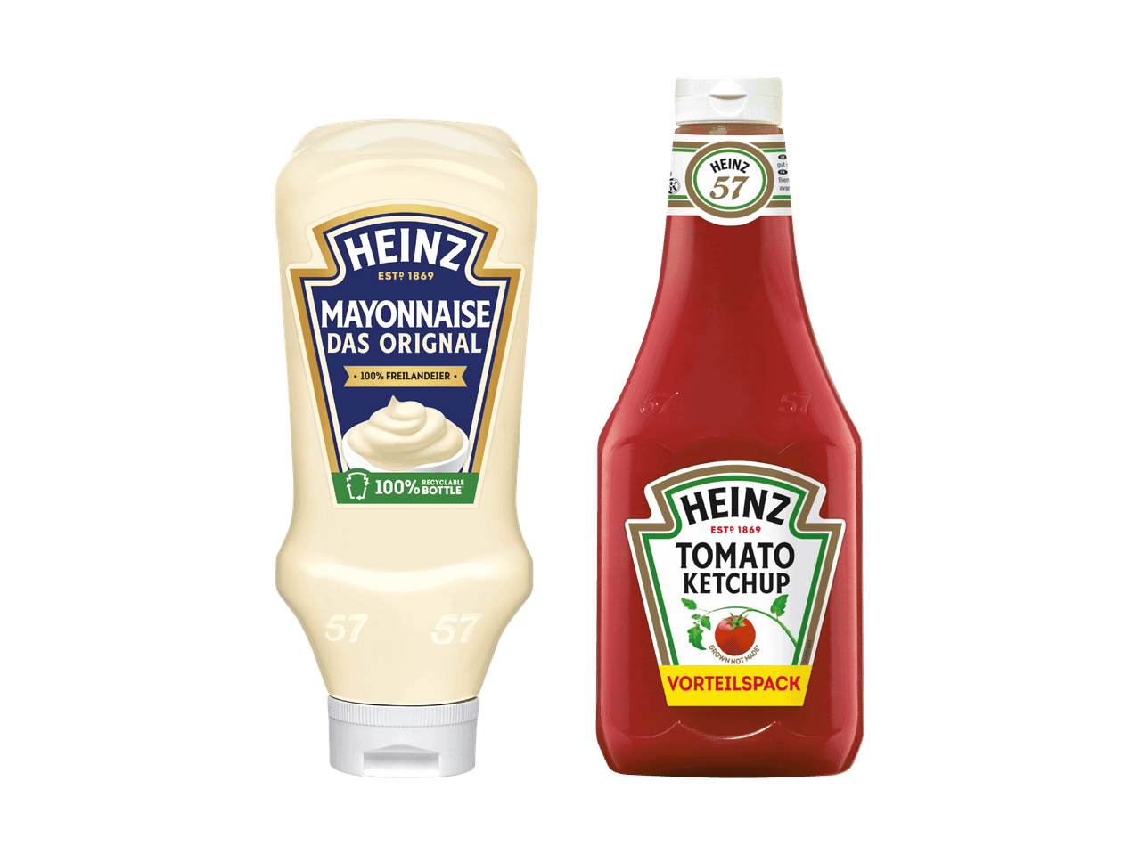Heinz Mayonnaise und Ketchup Flaschen.