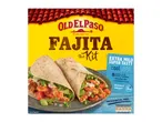Fajita kit with tortillas, topping mix, and cooking sauce, serving 4 in 15 minutes.