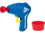 Blue bubble gun with a red nozzle and yellow trigger, with a red dipping tray.