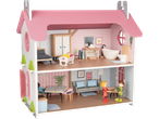 A two-story dollhouse with a pink roof, featuring a bedroom, bathroom, kitchen, and living room, with doll figures.