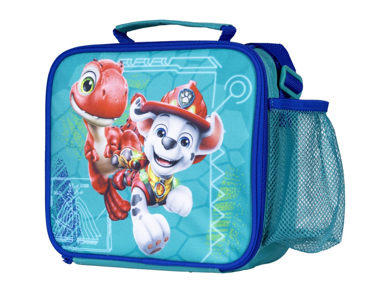 Children's lunch bag with a red dinosaur and a white dog character on a blue background.