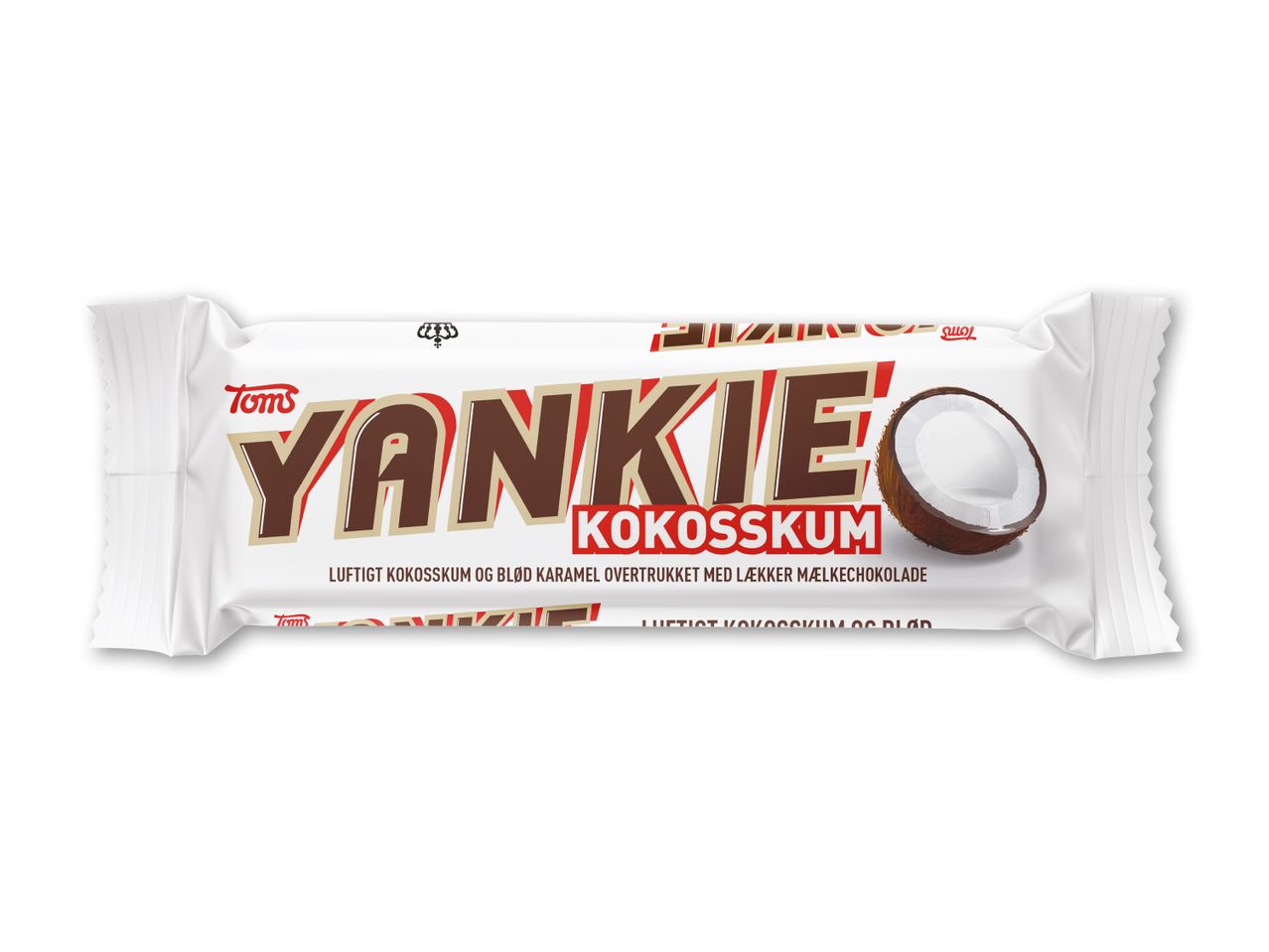 Hvid chokoladebar med kokosskum og karamel, med et halvt kokosnøddebillede.