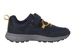 A single navy blue and yellow children's athletic shoe with a hook-and-loop strap.