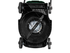 Underside view of a lawnmower with a black blade and wheels, on a black background.