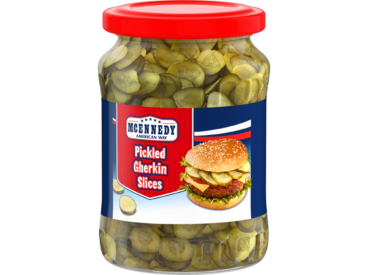 En burk med inlagda gurkskivor från McEnnedy, med en bild av en hamburgare på etiketten.