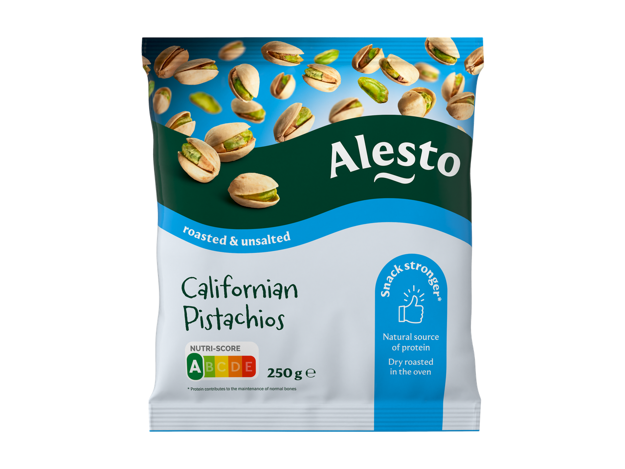 ALESTO Californische geroosterde & ongezouten pistachenoten, 250g zak met Nutri-Score A.