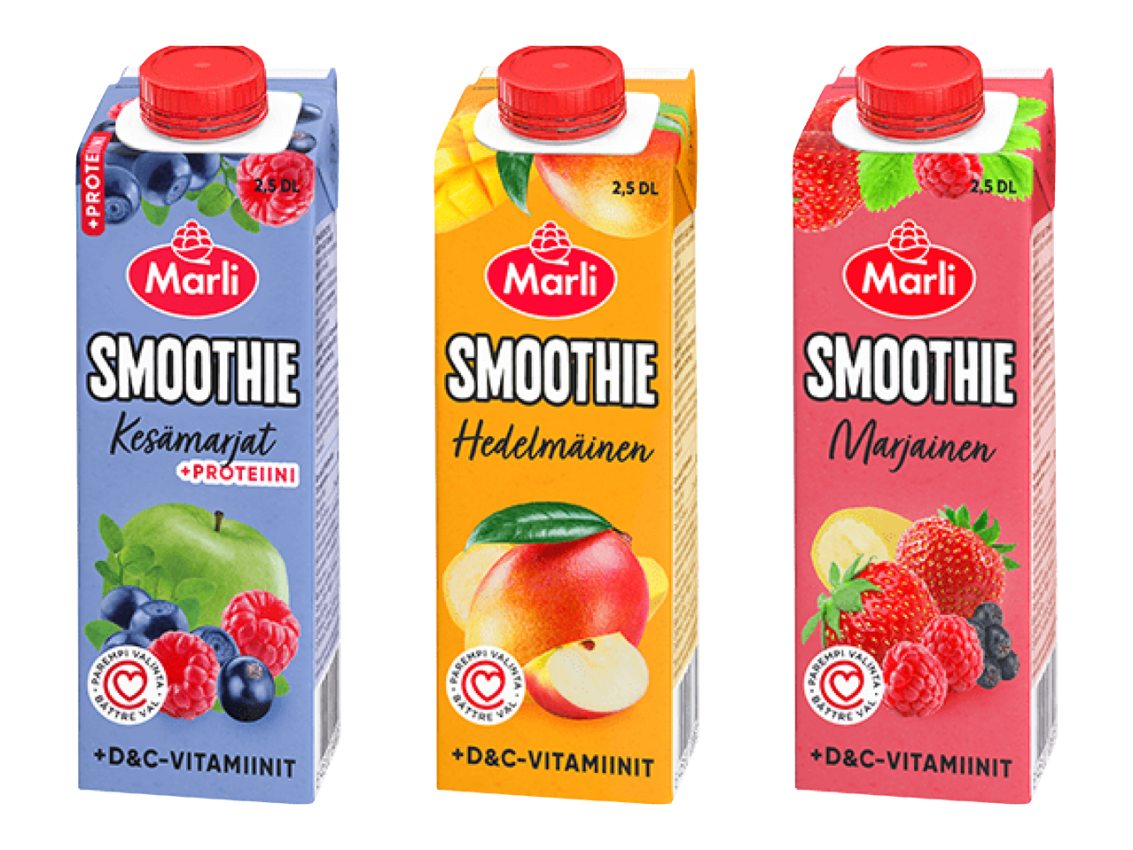 Marli smoothiet: marjat, hedelmät ja mansikat.