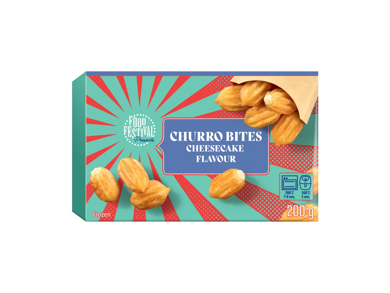 Food Festival Churro Bites met cheesecakesmaak, 200g diepvriesdessert.