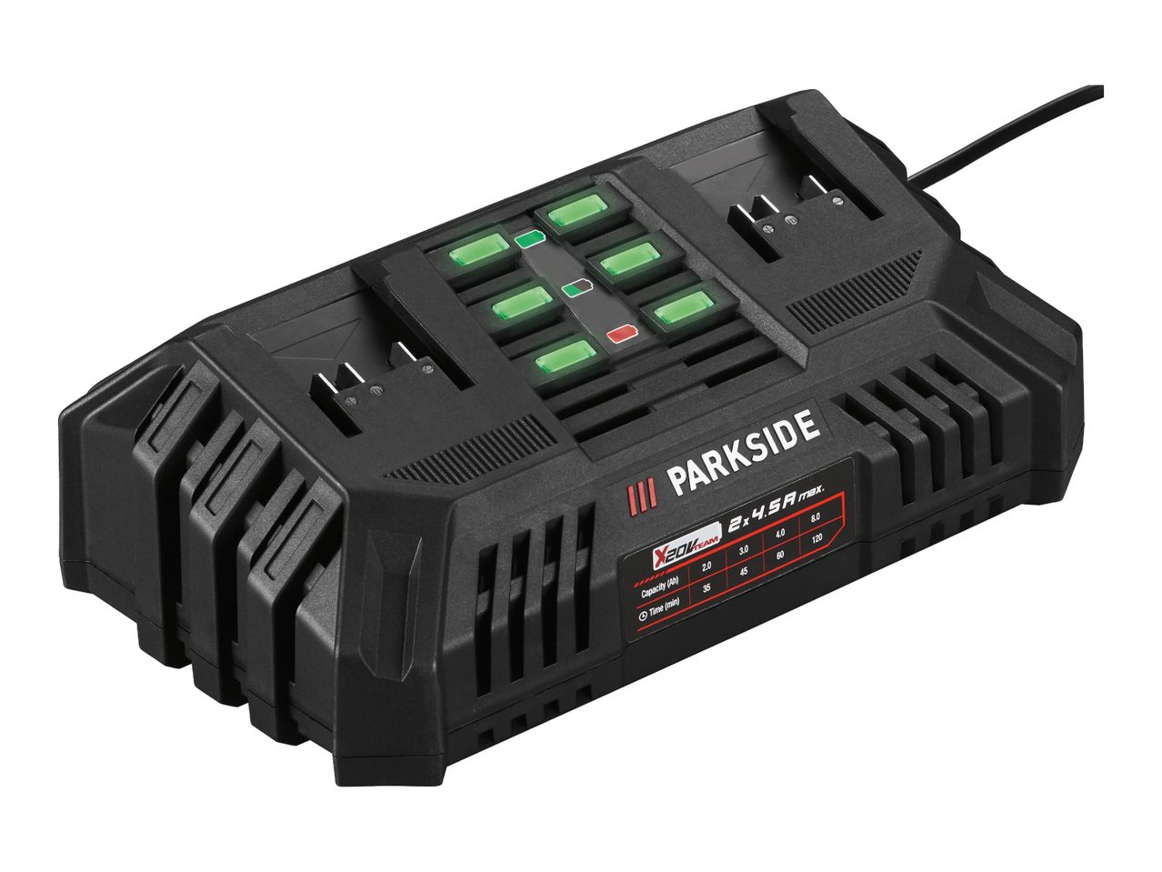 Black dual battery charger with green indicator lights and a charging time table.