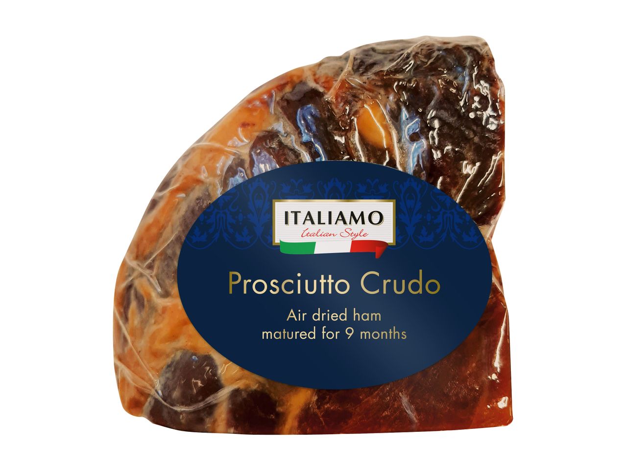Italiamo Prosciutto Crudo õhkkuivatatud sink, laagerdunud 9 kuud, vaakumpakendis.