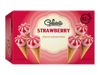 Boîte de 12 mini cornets de glace à la fraise, avec des glaces individuelles visibles.