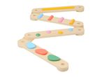 Wooden zig-zag track with colorful shapes and cylinders for a children's toy.