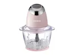 Pink SilverCrest food chopper with ice cubes in the glass bowl.