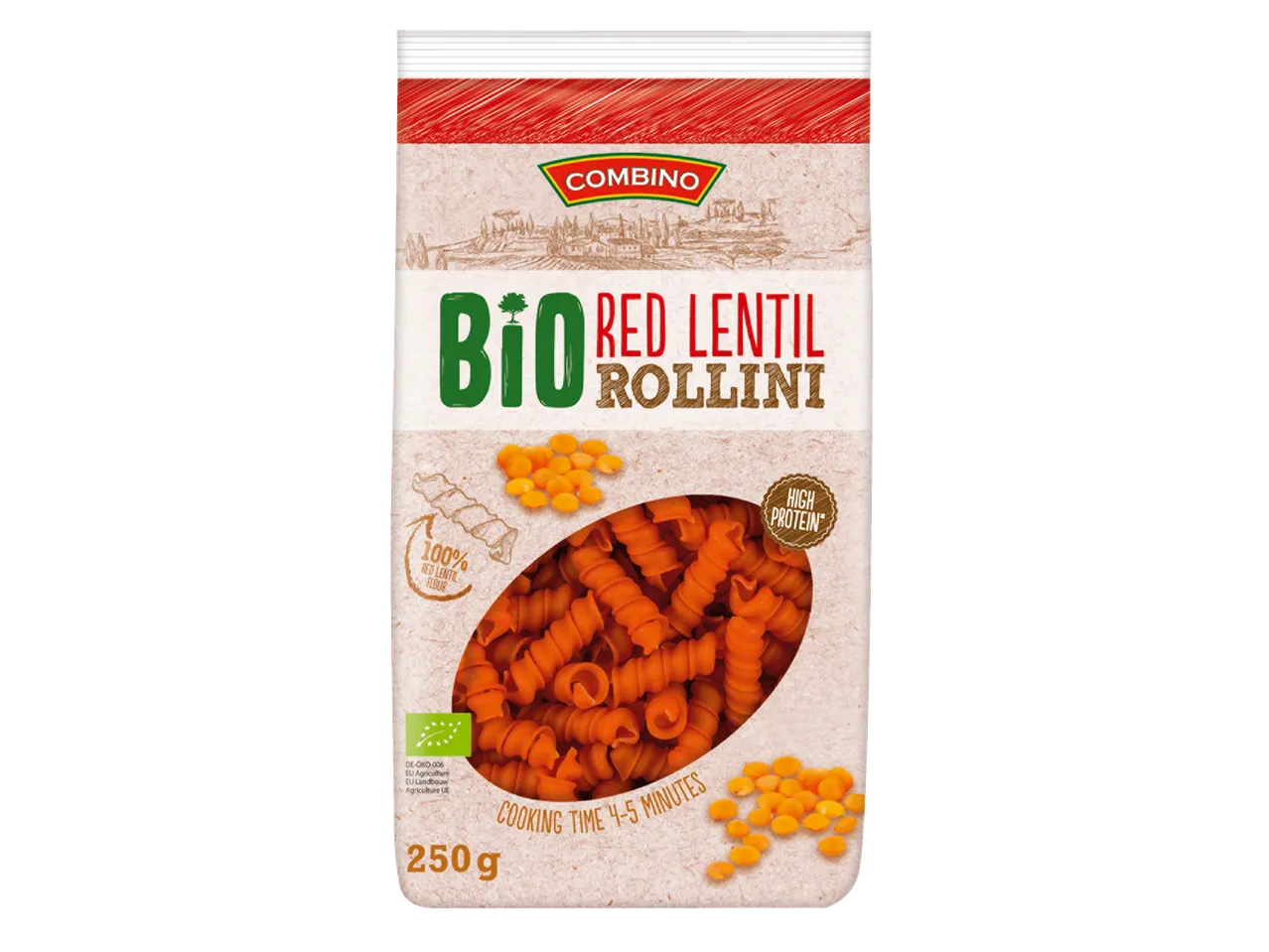 Combino Bio Rode Linzen Rollini pasta, 250g zak, hoog eiwitgehalte.