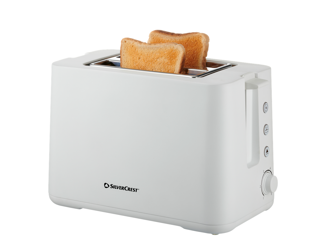 A white SilverCrest toaster toasting two slices of bread.