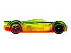 A translucent green and yellow toy car with orange accents and black wheels.