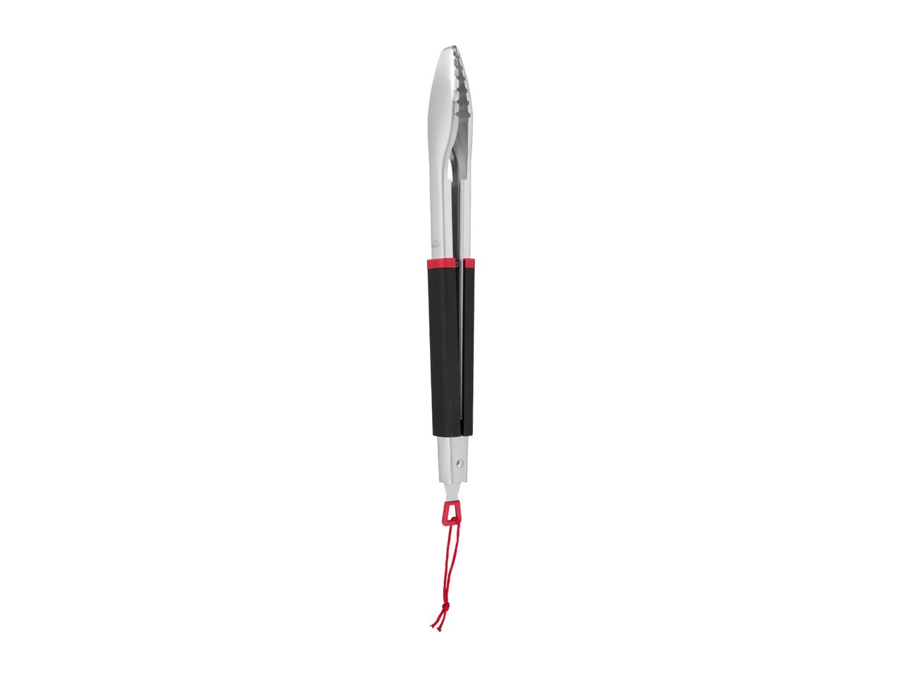 Stainless steel barbecue tongs with black handles and a red hanging loop.