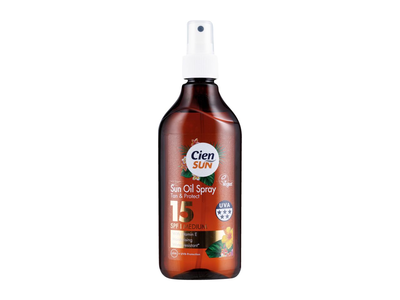 Sun oil spray with SPF 15, UVA/UVB protection, moisturizing, and water-resistant.