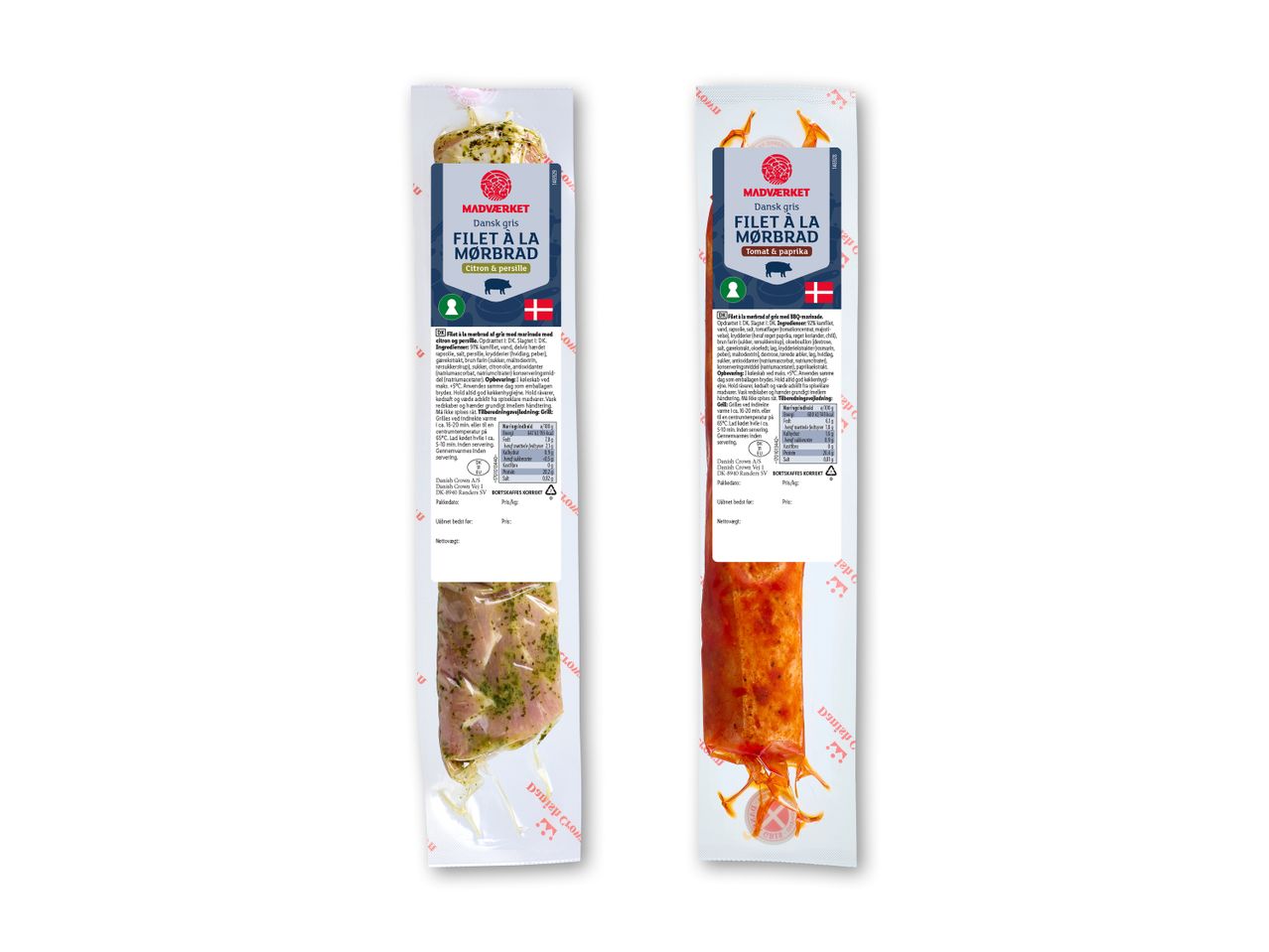 To pakker marineret svinefilet, den ene med citron og persille, den anden med tomat og paprika.