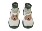 Pair of baby socks with a bear face design and green stripes.