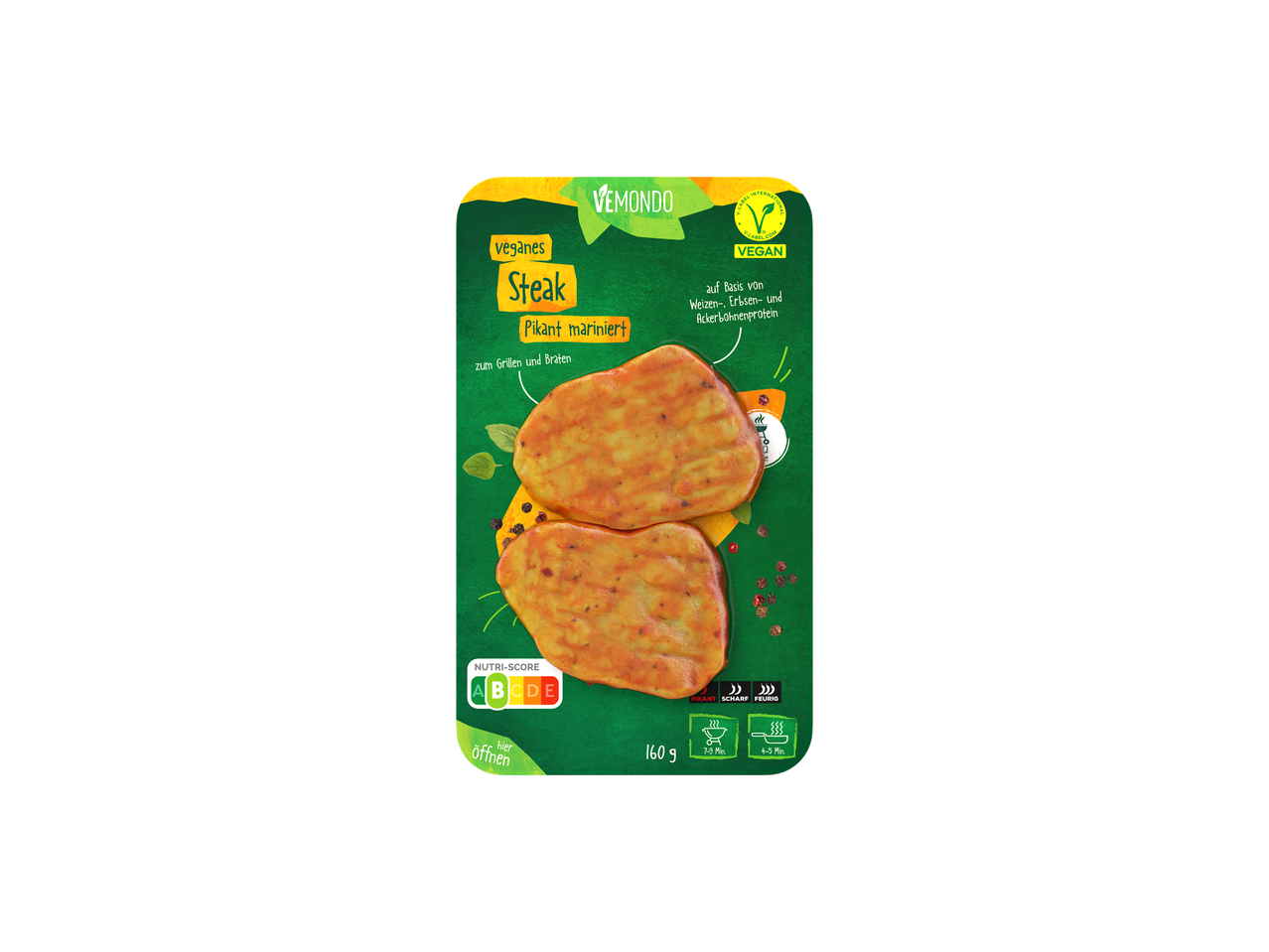 Vemondo vegane Steaks, mariniert, zum Grillen und Braten.