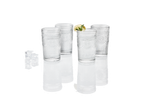 Etched water glasses and ice cubes.