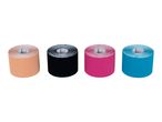 Four rolls of kinesiology tape in beige, black, pink, and blue colors.