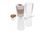 Double-walled glass latte glasses with cork stopper.