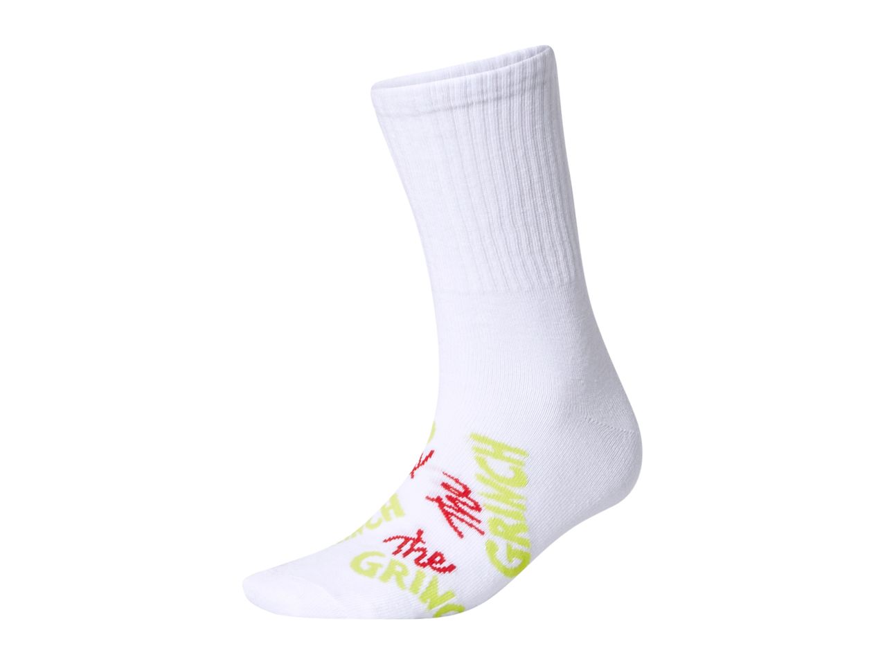White sock with red and green 'The Grinch' text