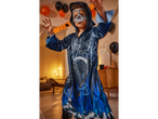 Child in a blue and black Halloween costume with a skull mask