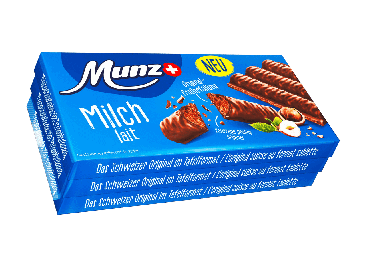 Blaue Verpackung mit Schokoriegeln, Haselnüssen und der Aufschrift 'Milch lait' und 'NEU'.