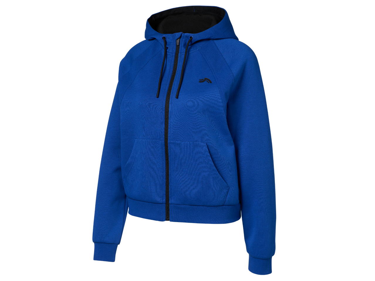 Синьо дамско горнище с качулка и цип, с черни връзки и лого на гърдите.